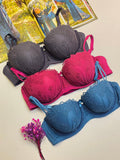 Pack of 3 Embriodary Double Strip Half Cup Push-up Underwire Bra